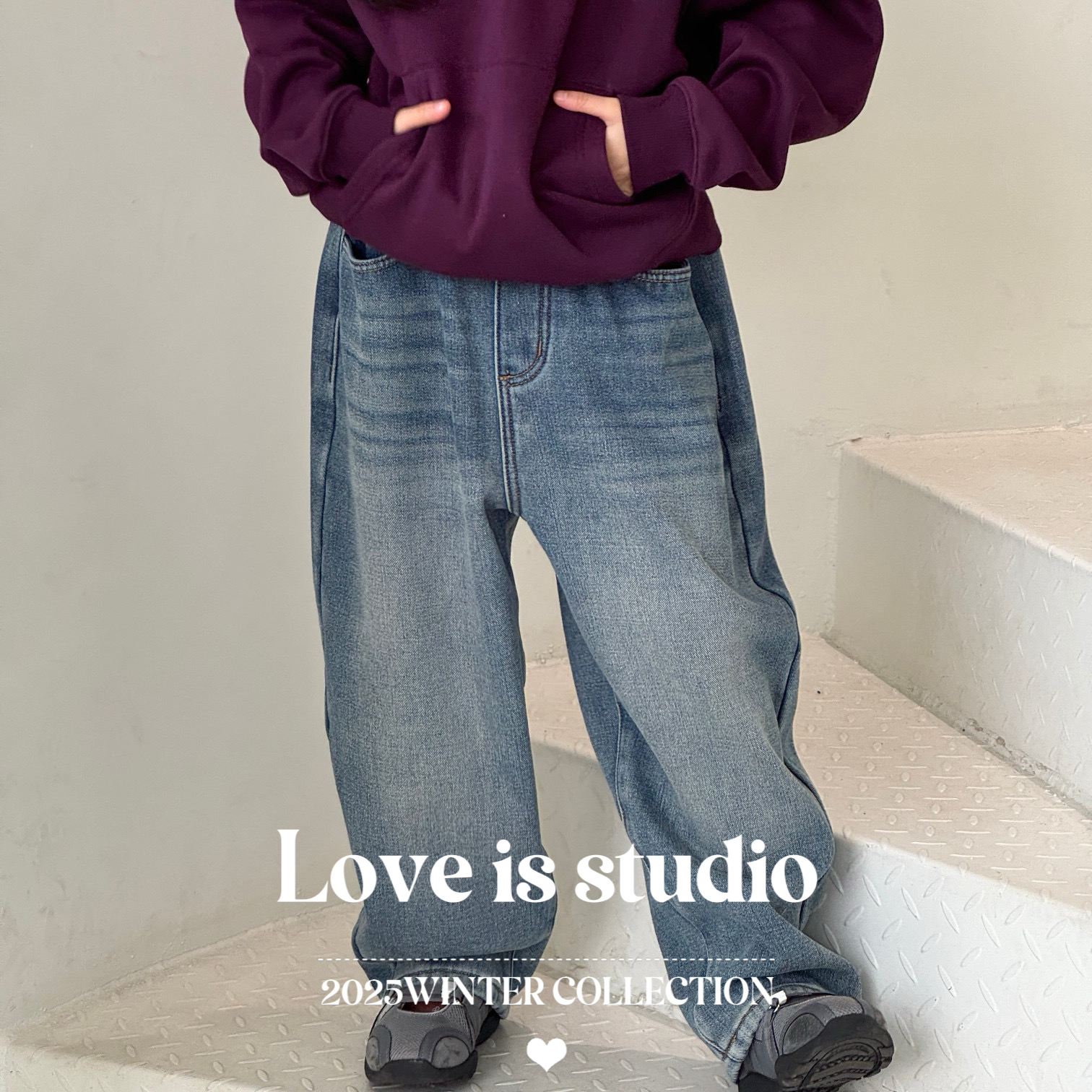 儿童一体绒加厚男女童宽松牛仔裤