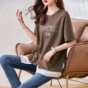 RM9819#欧洲站大码新款假两件铆钉字母短袖T恤上衣宽松胖妹妹女装