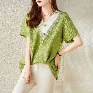 TR21311# 绿色V领短袖衬衫女夏时尚气质洋气蕾丝拼接上衣