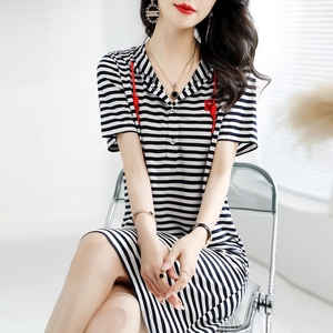 RM6701#夏装新品时尚休闲显瘦连帽条纹连衣裙
