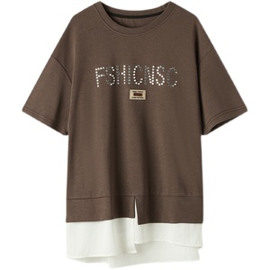 RM9819#欧洲站大码新款假两件铆钉字母短袖T恤上衣宽松胖妹妹女装