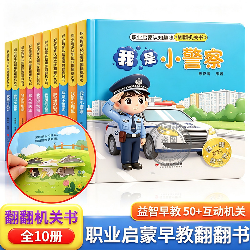 抖音同款】职业认知趣味机关翻翻书我是小医生小警察体验益智早教玩具书3-6岁幼儿适合幼儿园大班亲子阅读互动启蒙机关洞洞推拉书