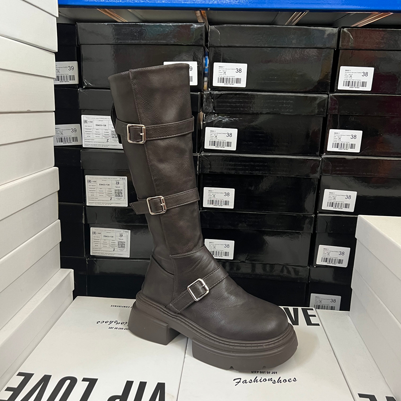 断码折扣捡漏 欧美风皮带扣长筒靴女冬季厚底骑士靴百搭显瘦靴