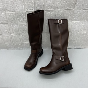 外贸原单出口时尚长靴复古风方头粗跟皮带扣骑士靴酷飒机车长靴