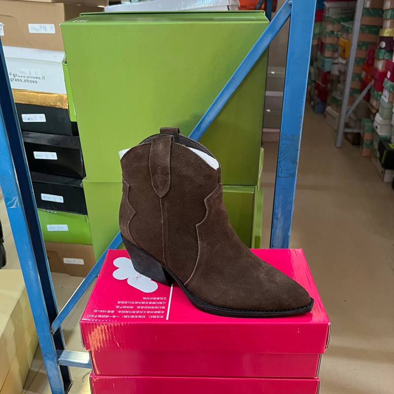 真皮！复古风尖头粗高跟西部靴套筒女冬季通勤简约短筒靴,女鞋,切尔西靴,淘宝优惠券,粉丝福利购,淘宝优惠卷