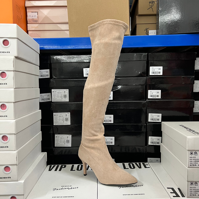 出口原单外贸时尚女鞋复古风尖头粗跟绒面过膝高筒长靴