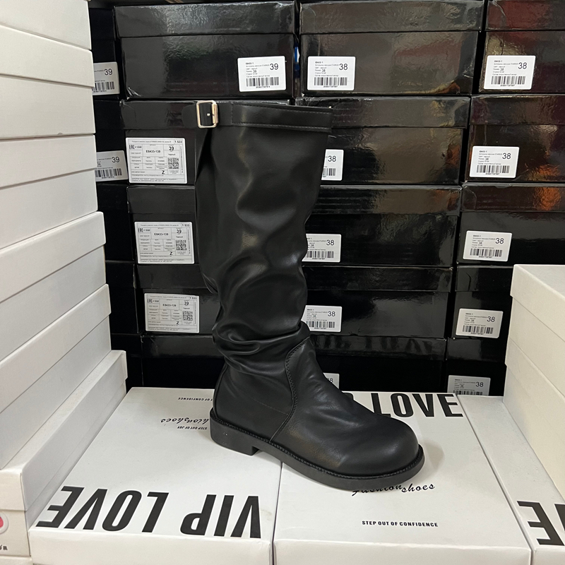 原单出口外贸时尚女鞋圆头皮带扣套筒堆堆靴显瘦高筒长靴