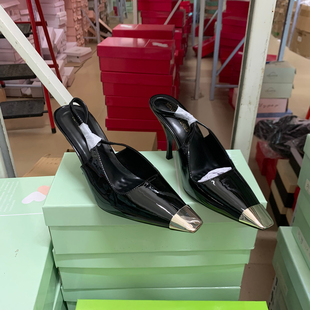 外贸原单女鞋方头细高跟金属头单鞋女黑色漆皮高跟包头凉鞋女