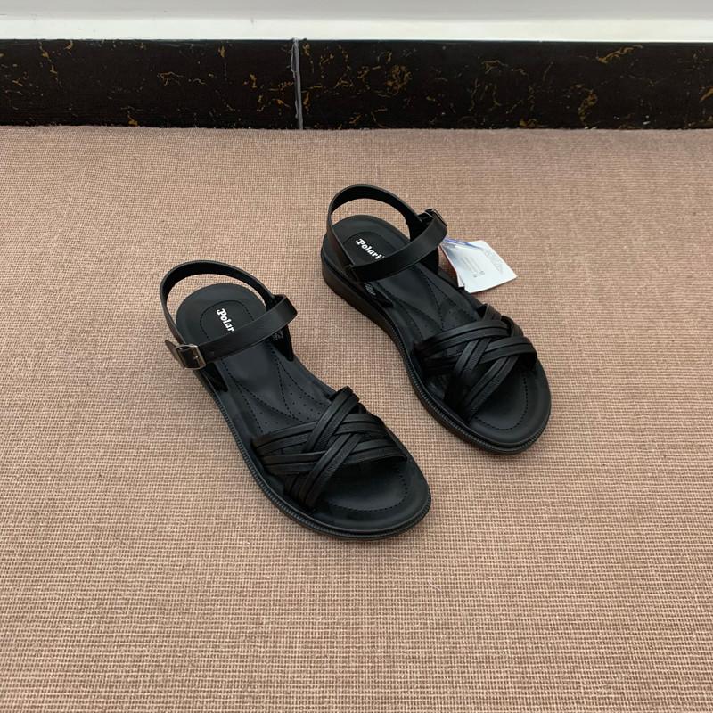 出口原单罗马风露趾凉鞋女夏季平底一字扣百搭舒适软底休闲女鞋