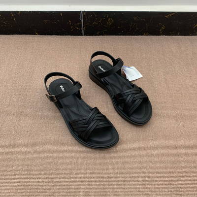 出口原单罗马风露趾凉鞋女夏季平底一字扣百搭舒适软底休闲女鞋