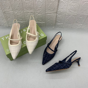 女一字带格纹百搭高跟鞋 气质尖头细跟包头凉鞋 法式 香港z柜撤柜