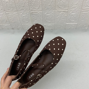 出口美国原单复古方头波点玛丽珍鞋女一字扣平底浅口单鞋大码女鞋