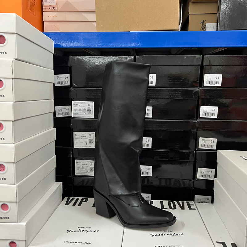 时尚外贸原单出口断码捡漏尖头粗跟显瘦堆堆靴高筒长靴