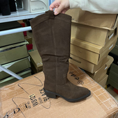 西部靴 高筒时装 真皮 外贸复古美拉德风圆头粗跟长靴女冬季