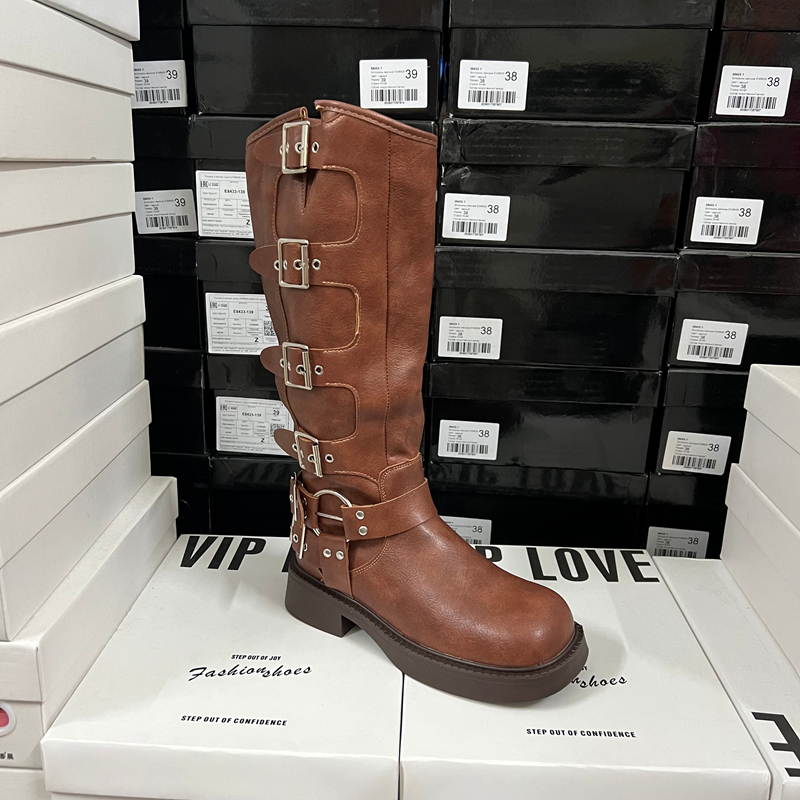 出口外贸原单断码捡漏欧美复古圆头低跟皮带扣高筒长靴