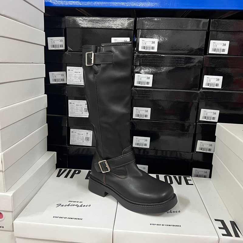 原单出口外贸时尚女鞋圆头皮带扣厚底不过膝高筒长靴