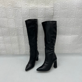 外贸纯原 膏档 经典款时尚气质尖头黑色粗跟长靴侧拉链堆堆时装靴