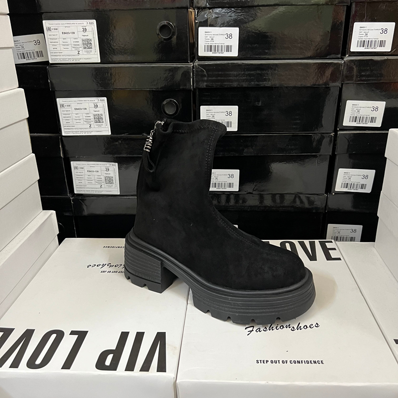 出口外贸原单时尚女鞋英伦风圆头粗高跟后拉链中筒靴子