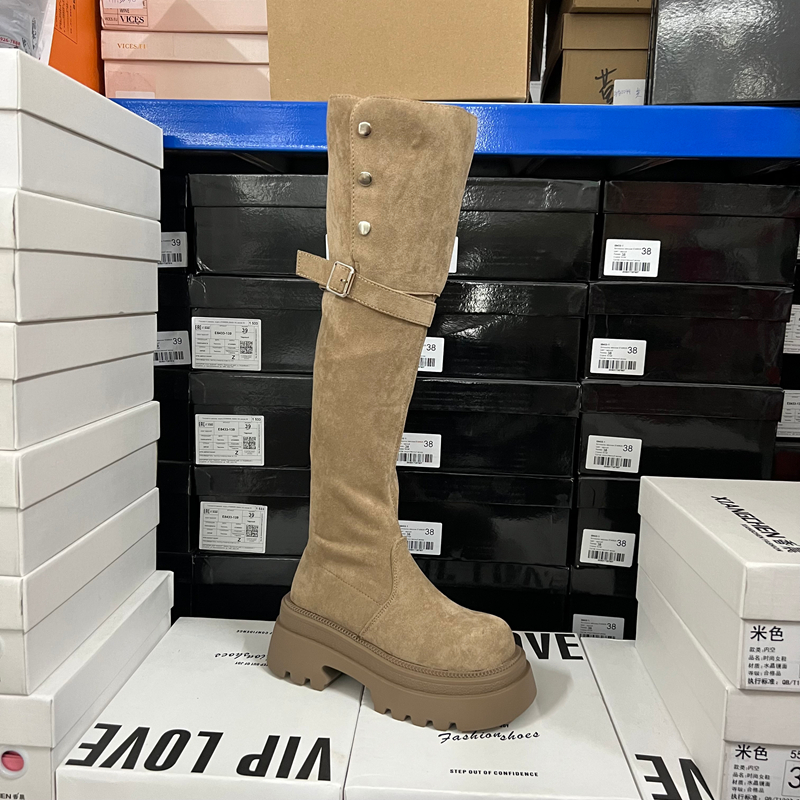 出口外贸原单时尚女鞋圆头粗跟皮带扣显瘦过膝长筒靴