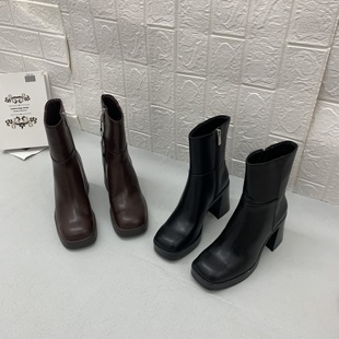外贸出口单欧美风大码方头粗跟短靴女冬季防水台侧拉链百搭时装靴