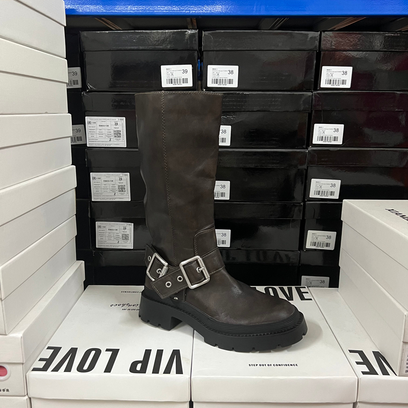 西班牙轻奢ZA原单欧美复古圆头粗跟皮带扣高筒不过膝长靴