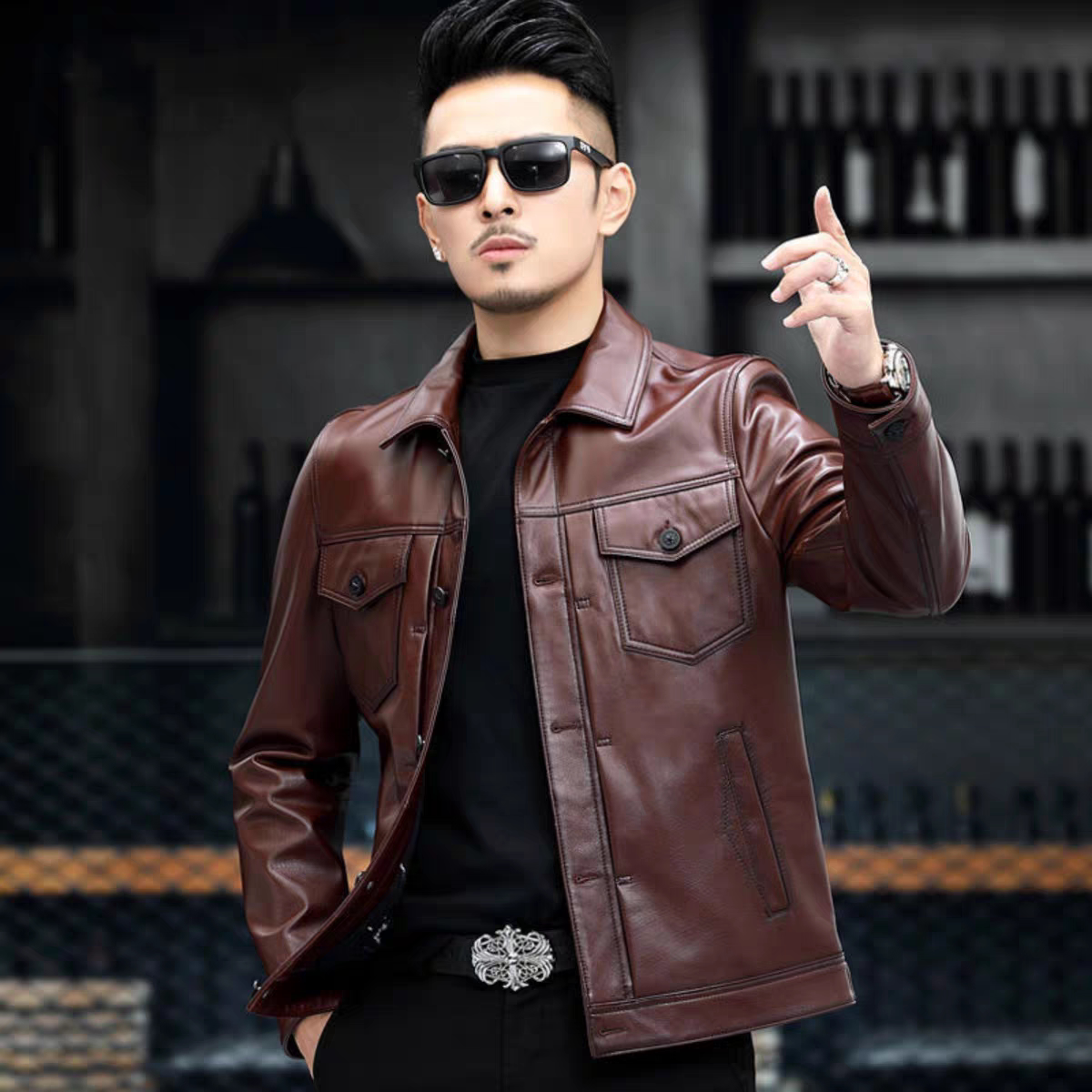 2026新款海宁头层小牛皮爆款修身翻领夹克时尚潮流真皮羽绒外套男