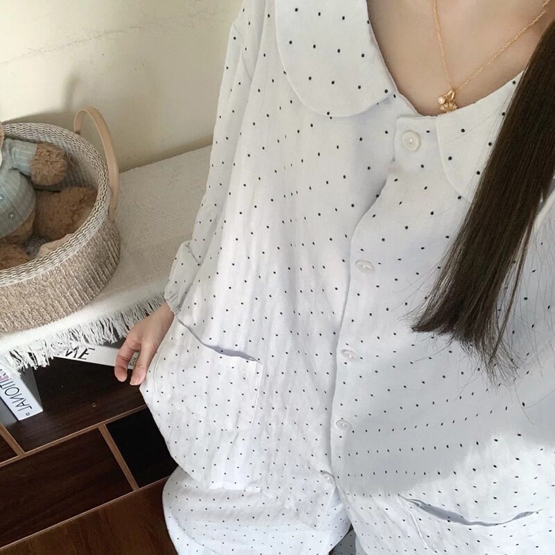 浅蓝波点云朵棉睡衣女春秋长袖小清新甜美娃娃领可外穿家居服套装