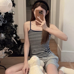 纯欲风条纹吊带睡衣女带胸垫夏季 甜美外穿防凸点家居服套装