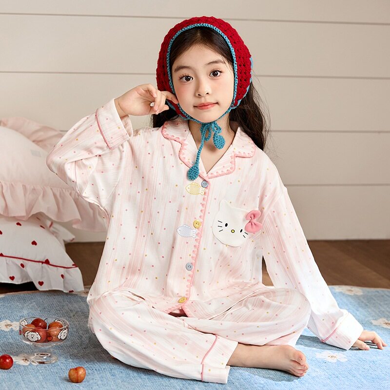 可爱KT猫纯棉女童睡衣春秋开衫长袖长裤卡通母子中大童家居服套装