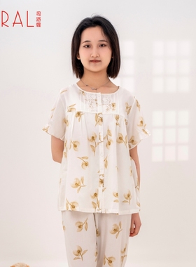 SPIRAL/司派罗全棉梭织女短袖八分裤套装夏季薄款开衫可外穿睡衣