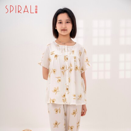 SPIRAL/司派罗全棉梭织女短袖八分裤套装夏季薄款开衫可外穿睡衣