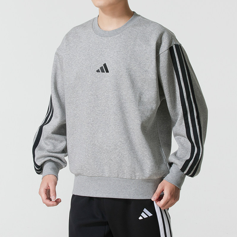 正品Adidas阿迪达斯男圆领抓绒三条纹休闲卫衣运动长袖T恤JE6308
