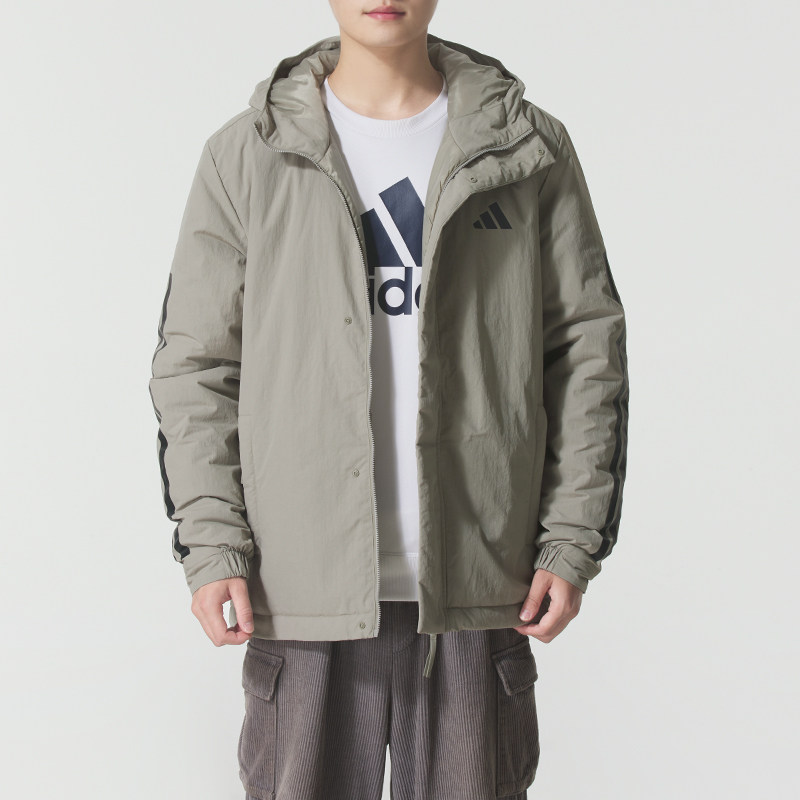 正品ADIDAS阿迪达斯三条纹简约男运动休闲保暖连帽棉服外套JY8305