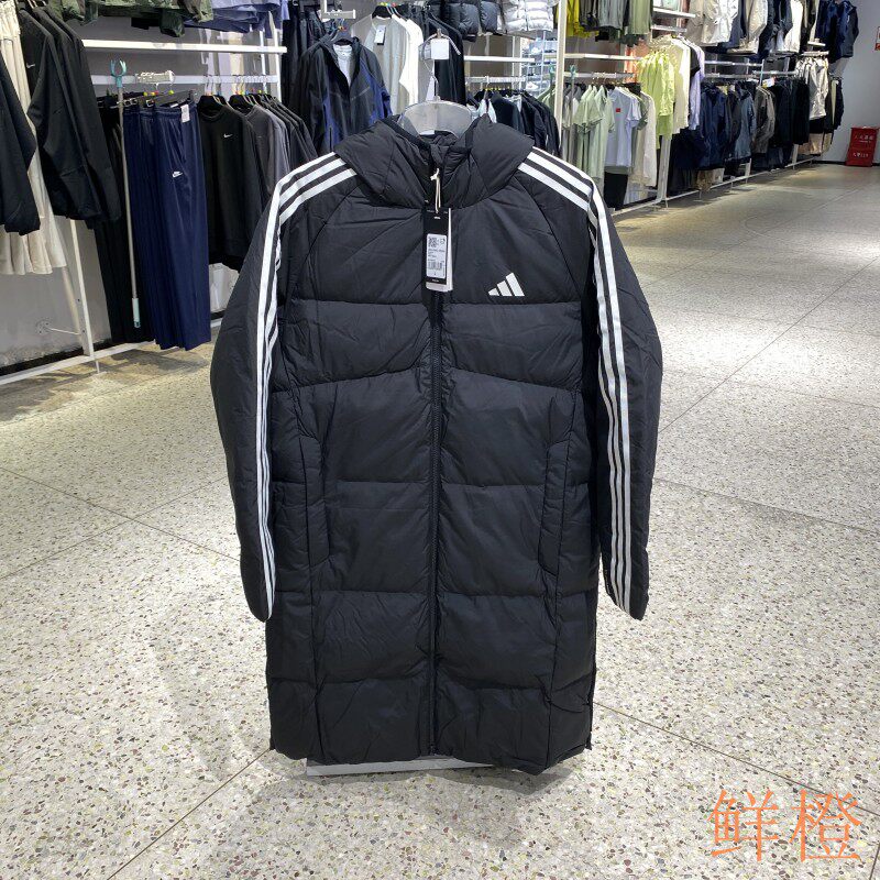 阿迪达斯男连帽保暖中长款羽绒服