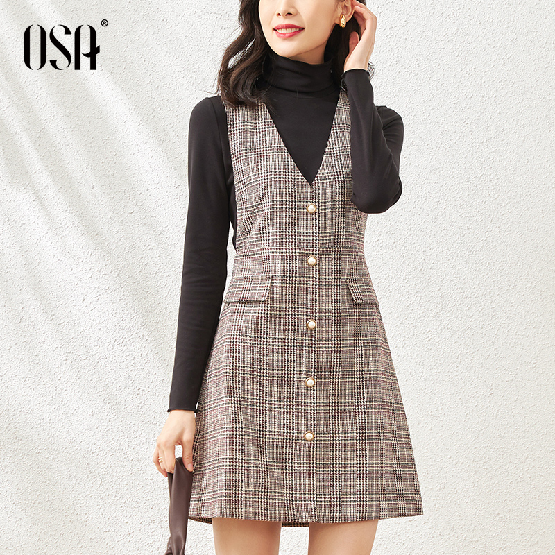 osa背带连衣裙女秋冬季2020年新款中长款复古显瘦背心