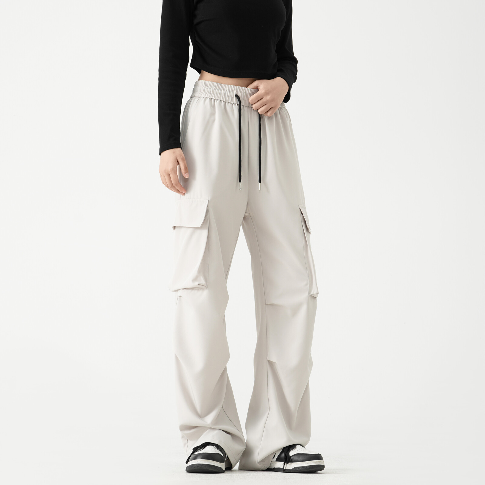 日系工装大口袋女裤中性白底宽松休闲裤B315-K24166-特p35控68