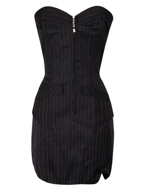 黑色经典V领拉链条纹紧身胸衣修身塑身宫廷束身衣上衣短裙套装