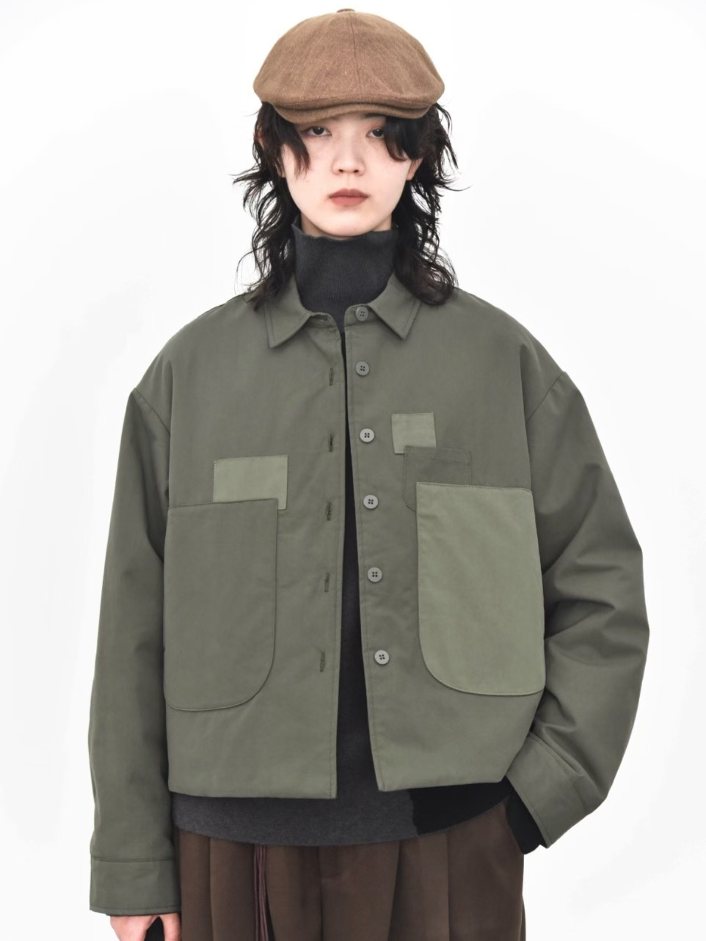 童颜阁秋冬个性好看复古撞色大口袋拼接棉衣宽松百搭保暖外套棉服