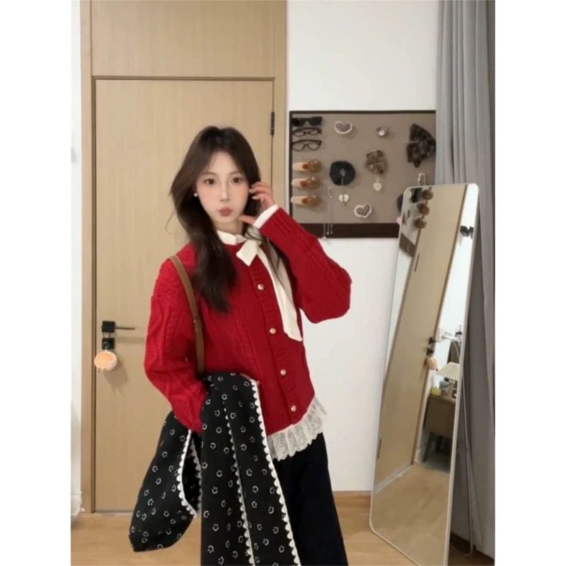 【 原版质量 针织毛衣】红色短款针织开衫女冬季慵懒高级感气质