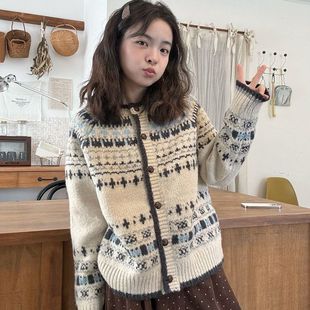 复古提花圆领针织开衫女秋冬季慵懒风圆领毛衣外套高级感宽松上衣