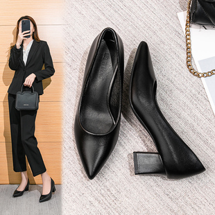 空乘单鞋女真皮粗跟软底工作鞋黑色职业不累脚细跟软皮舒适高跟鞋