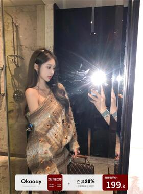 Okaaay【慵懒金影】覆古美拉德亮片连衣裙慵懒松弛感一字肩毛衣裙