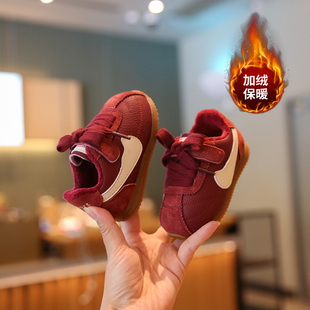 婴幼儿学步鞋冬季女宝宝加绒棉鞋幼儿软底鞋子一岁儿童男童运动鞋