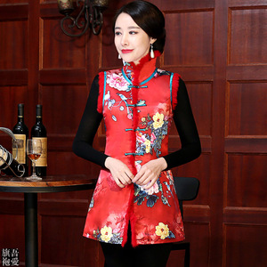 中式吉祥花鸟棉旗袍上衣冬装新款女士唐装高仿真丝棉背心马夹马甲