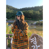 港味撞色格子加厚毛呢外套女宽松复古长款 雨菲早春季 新款 过膝大衣