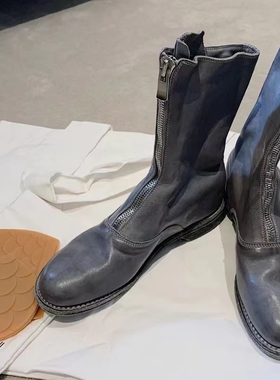 guidi真皮马丁靴女2024秋冬网红平底前拉链灰色瘦瘦鬼帝中筒短靴