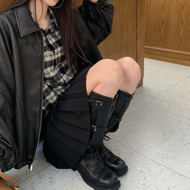 时装靴女粗跟系带搭扣骑士靴
