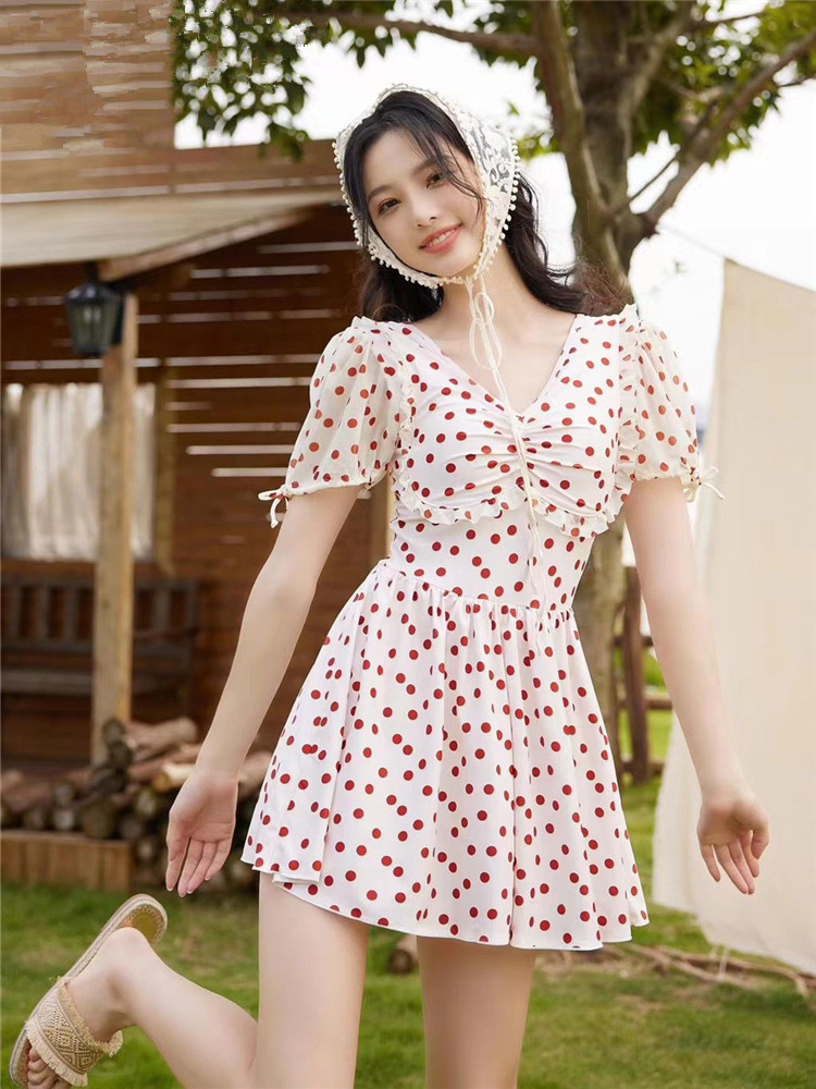 专柜新款号手正品短袖泳衣女连体裙式可爱甜美波点减龄亲子母女装