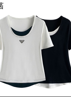 63522#琴菡显瘦假两件修身T恤2024夏休闲设计感潮流小众圆领上衣
