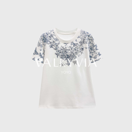 【Valkyvia/悠悠奢品】轻奢时尚重工水墨印花烫钻短袖T恤#68882